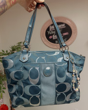 Coach Blue Signature Logo Satchel Shoulder Bag Zip Top w/ Charm Silver Hardware