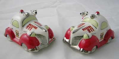 Henry Cavanagh Firefighter Dalmatian Driving Retro Car Salt & Pepper Shakers NIB