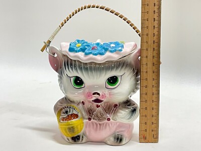 Beautiful Vintage Miss Kitty Ceramic Cookie Jar w Lid + Cane