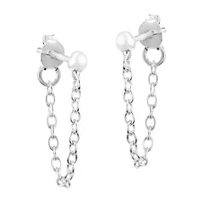 Contemporary Bead and Chain Sterling Silver Front-Back Post Drop Earrings