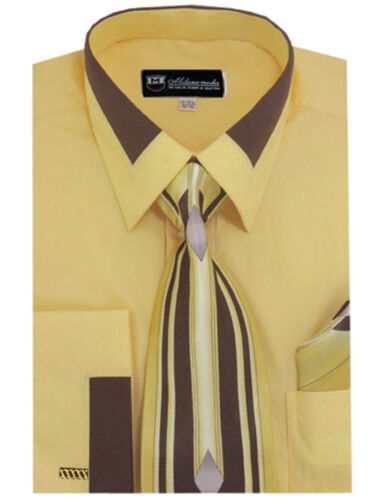 Men's Unique design French Cuff Dress Shirt Accent Collar With Tie & Hanky SG34 - Picture 13 of 16