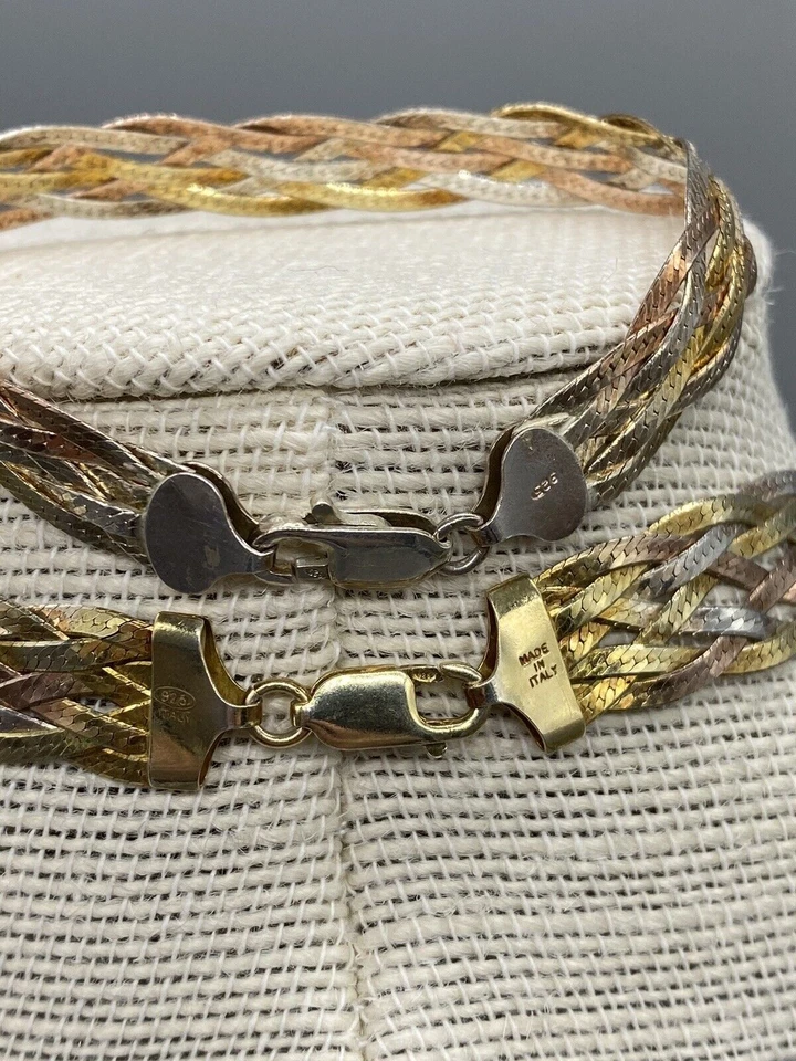 Italia 925 Plata Vermeil Multicolor Trenzado Multi Hilo Collar y Pulsera Conjunto Foto 3 de 4
