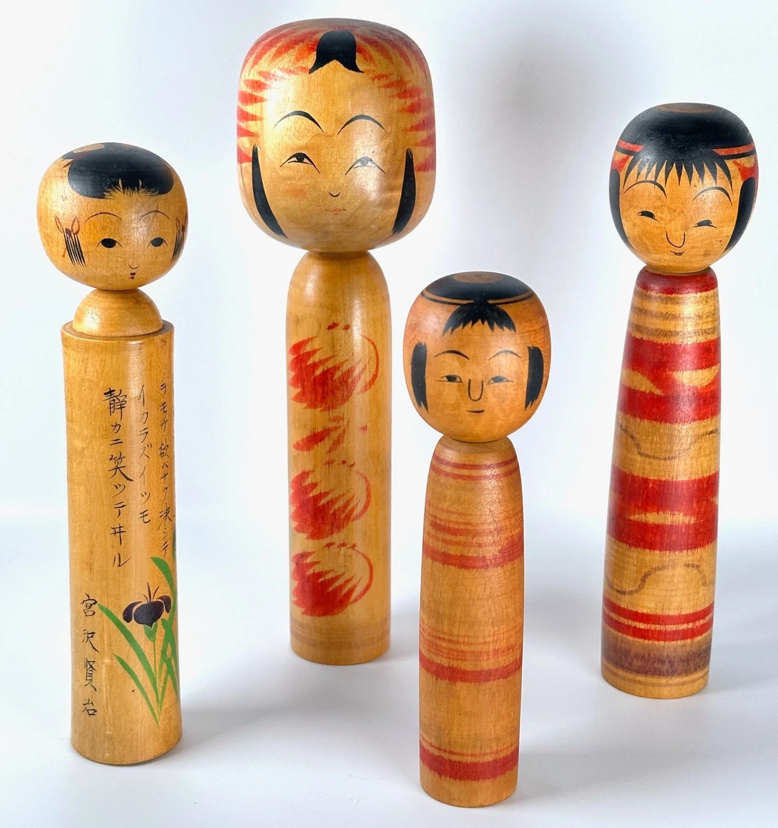 Vintage Japanese Kokeshi Dolls Set of 4 Artisan Handcrafted H8
