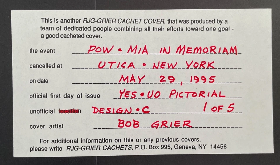 Hand-colored cover canceled May 29, 1995 POW/MIA Monument Station - Utica, NY - Image 2 of 3