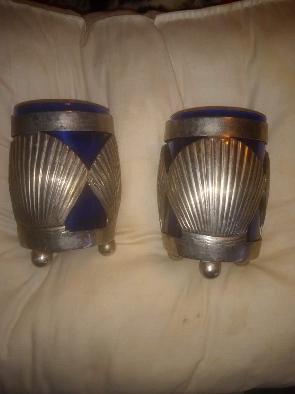 Vintage Brass or Nickel? And Cobalt Candle Holders Made In India Seashell Design