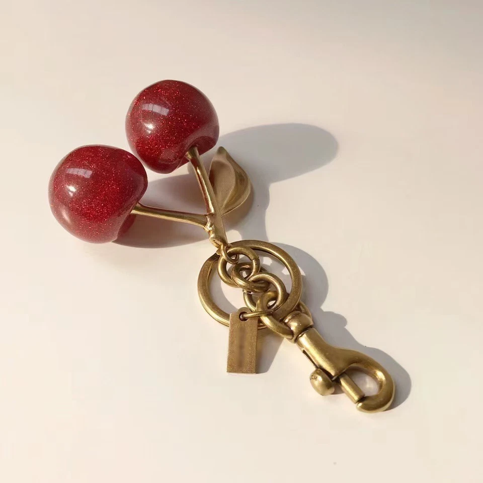Cherry Bag Charm KeyChain Glitter resin and metal Brass Red Apple - Image 2 of 4