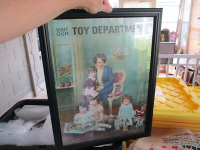 ANTIQUE VISIT OUR TOY DEPARTMENT FRAMED ADVERTISING GLASS SIGN
