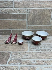 Vintage Porcelain Chinese Mun Shou Famille Longevity Rice Bowl, Spoons, Cups
