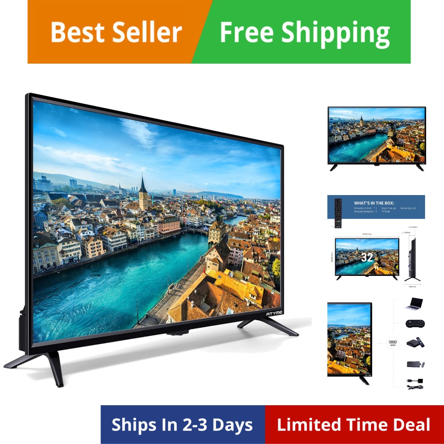 32-inch Class 60Hz 720p HD LED TV Flat Screen 1*USB 3* HDMI 1*VGA ARC Dual Ch...