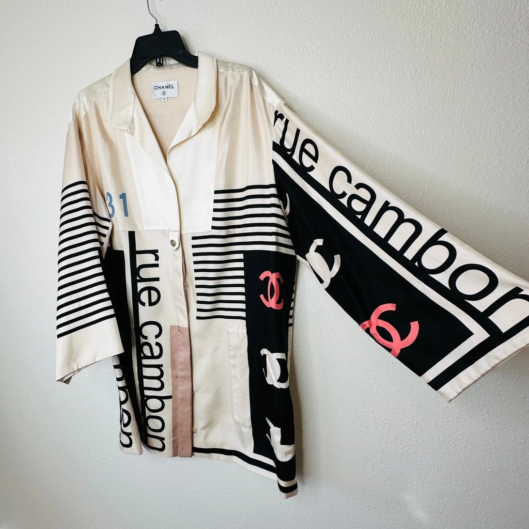 Giacca Chanel 100% seta ecrù multicolore logo Chanel 42 L nuova con etichetta