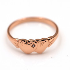 Size R Genuine 9ct 9k 375 Rose Gold Double Heart White Sapphire Signet Ring
