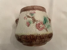 MAJOLICA Wooden Bucket and Basketweave OPEN SUGAR BOWL or SPOONER - 4 1/4"