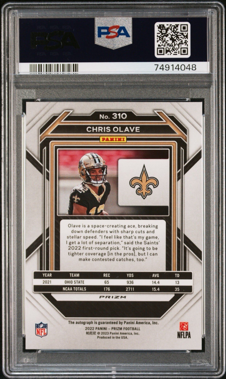 2022 Prizm Chris Olave Rookie No Huddle Prizm Auto PSA 10 #310 Saints 🏈 view 2