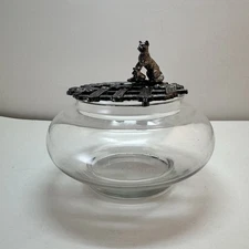 Vintage Clear Glass Vanity Jar Potpourri Bowl with Cat Pewter LId