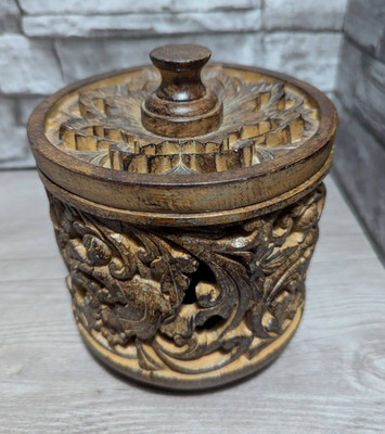 6.5'' Ornate Resin Carved Wood Look Jar Box Decor Trinket Potpourri Tiki Floral