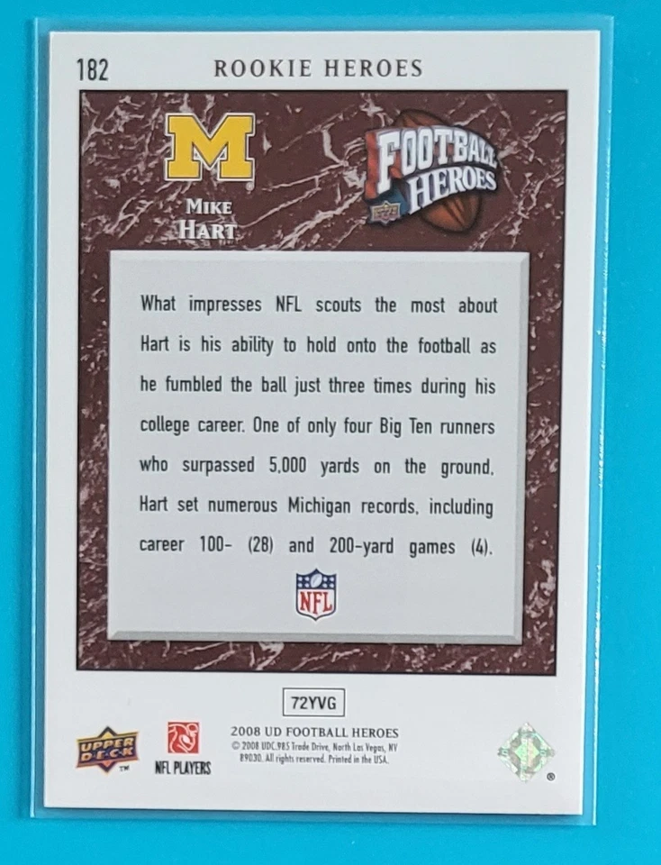 2008 Upper Deck Heroes #182 Mike Hart Michigan Wolverines Football Card  - Image 2 of 2