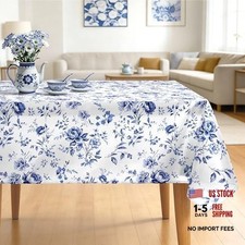 Watercolor Blue Floral Tablecloth Waterproof, 84" x 60" Rectangular Blue Rose