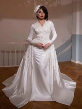 White V Neck Heavy Pearls Wedding Dress With Detachable Train Long Sleeves