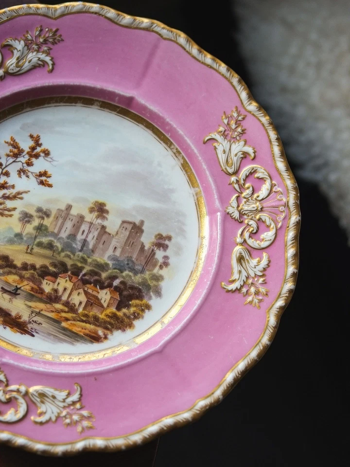 Antique English Porcelain Coalport Rococo Style Landscape Painted Pink Plate - Image 4 of 4