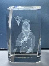 3D Faceted Laser Etched Nurse w/Caduceus 3&rdquo; Crystal Cube Paperweight Gift