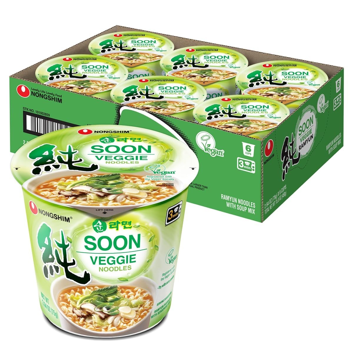 Fideos Ramyun vegetarianos Instant Soon, sabor audaz, taza de 2,64 oz - paquete de 6