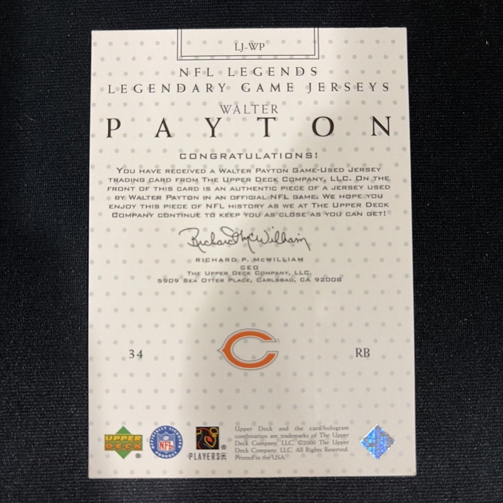 2000 Upper Deck Legends Legendary Jerseys #WP Walter Payton GAME-USED PATCH HOF view 2