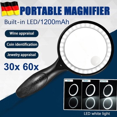 Große Lupe LED Handlupe mit Licht 30/60x Fach Vergrößerung Beleuchtete Leselupe