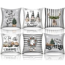 6 Pcs Christmas Winter Pillow Covers 18 x 18 Inch Gray White Stripes Gnome De...