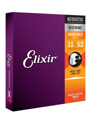 New Elixir 80/20 Bronze Nanoweb Acoustic Guitar Strings Custom Light .011 - .052