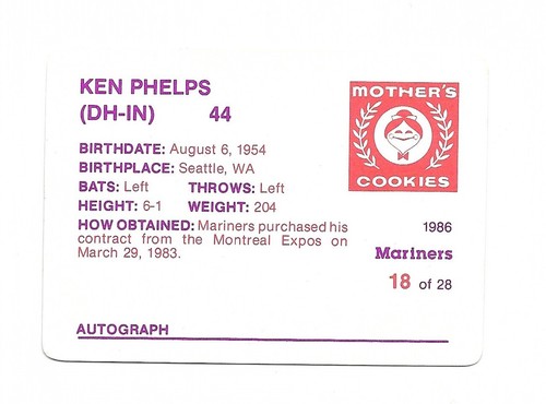 Tarjeta de béisbol 1986 Mothers Cookies Ken Phelps 18 de 28 Seattle Mariners - Imagen 4 de 8
