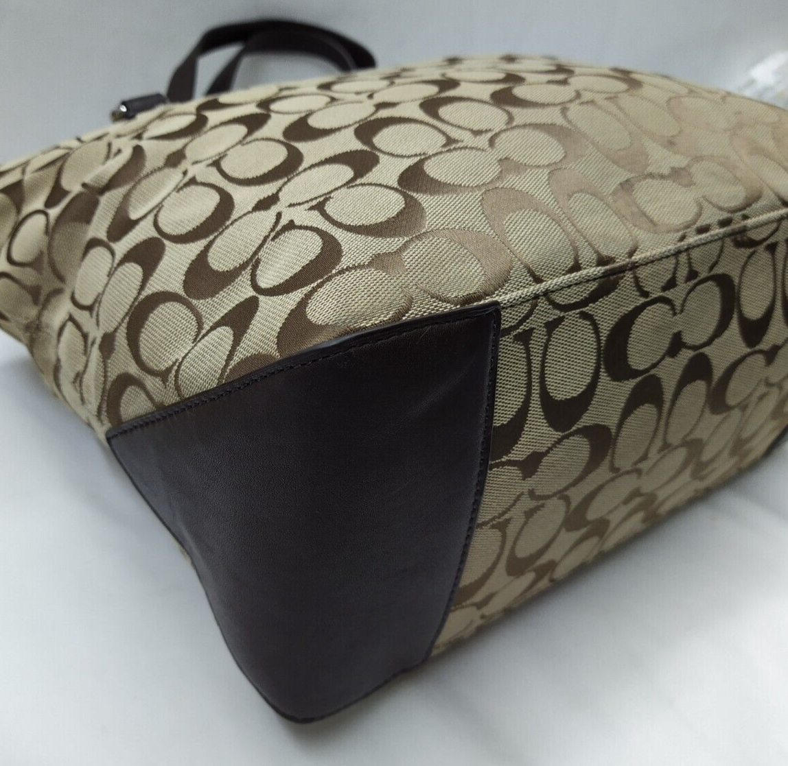 Coach Signature C Brown Canvas Leather Trim Zipper Closure Tote