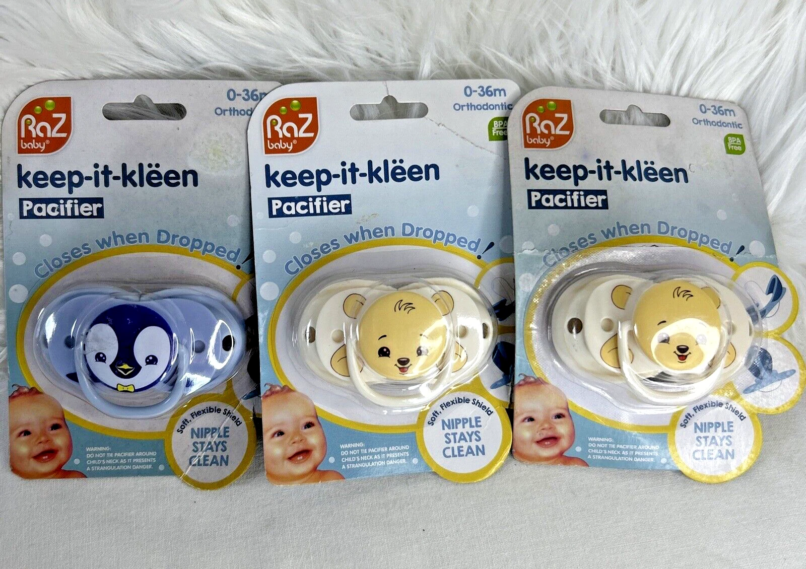 (3) Razbaby Keep it Kleen Pacifier 0-36 Months