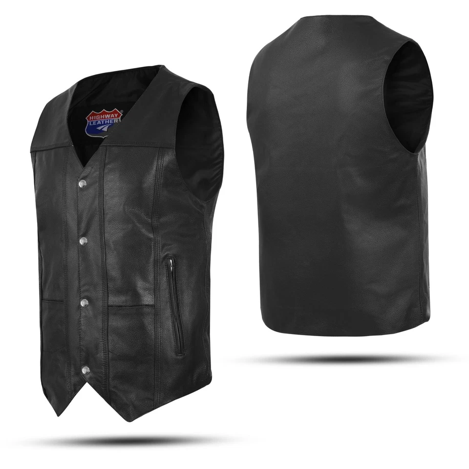 Men's Black Classic V-Neck Leather Motorcycle Vest | Biker Rider Apparel & Gear - Image 3 of 4