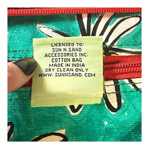 Sally Huss Sunny Thoughts Cotton Tote Bag Ladybug Daisies Design Red & Green 15" - Picture 3 of 16