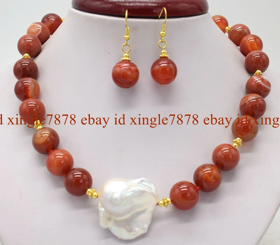 14mm Natural Round Gemstone & White Baroque Pearl Necklace 20" + Earrings Set - Image 2 of 4