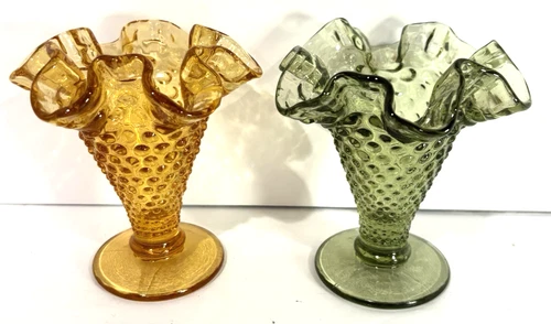 Vintage Set Of 2 Fenton Glass Vase Hobnail Ruffled Rim Amber & Green 4"