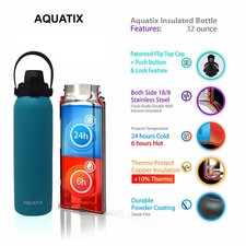 Aquatix Turquoise Insulated FlipTop Sport Bottle 32 oz Pure Stainless Steel