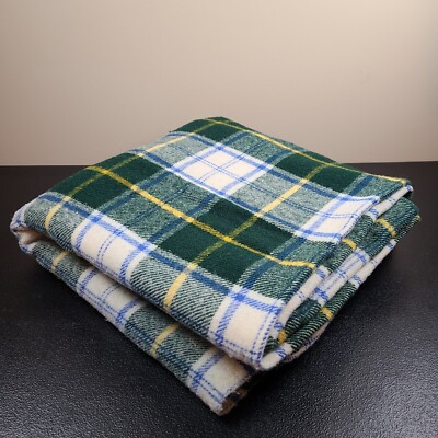Vtg LL Bean Freeport USA Wool Blanket Plaid Green White Yellow 59x77 Twin  Tartan