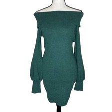 SAINTS+SECRETS Women’s XS Green Knit Sweater Dress; Bell Sleeves, Off Shoulder