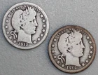 2 Coin Lot 1912 Silver Barber Quarters 25c US Type Coins Good Circulated Philly
