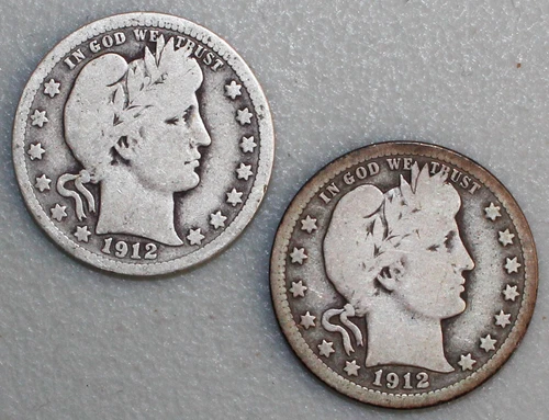 2 Coin Lot 1912 Silver Barber Quarters 25c US Type Coins Good Circulated Philly