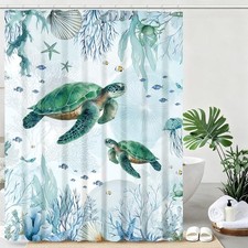 Shower Curtain Teal Blue Coastal 72"W x 72"L Pack of 1 Green Sea Turtle