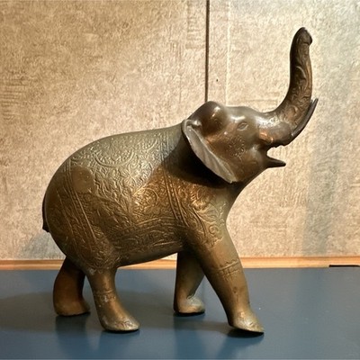 Brass Metal Elephant Figurine Raised Trunk with Etched Engraved Pattern Design