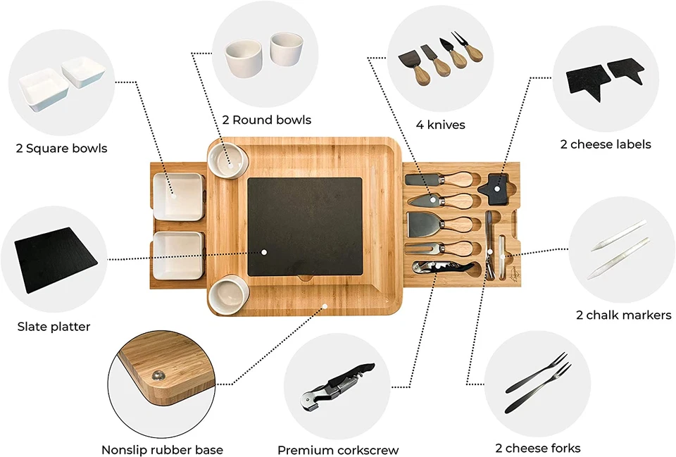 Tagliere in Bambù per Formaggi E Set Di Coltelli, Ciotole Di Ceramica E Apribott - Immagine 2 di 4