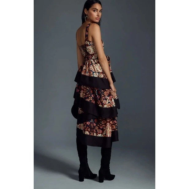 Anthropologie Floral Print Square Neck Tiered Midi Boho Dress Womens Size XS EUC - Image 2 of 4