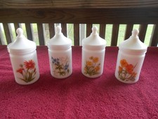 Lot of 4 France Floral Milk Glass Apothecary Jars w/ Lids 6.25