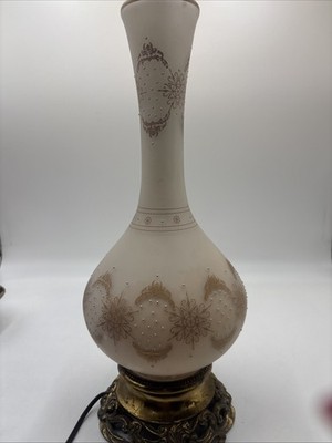 Vintage MCM Unique Retro White & Gold Glass Lamp Boho 70s