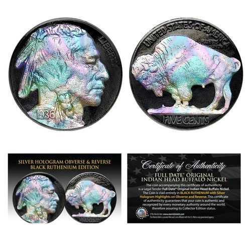1930's Original Indian Head Buffalo Nickel Coin - BLACK RUTHENIUM & SILVER HOLO