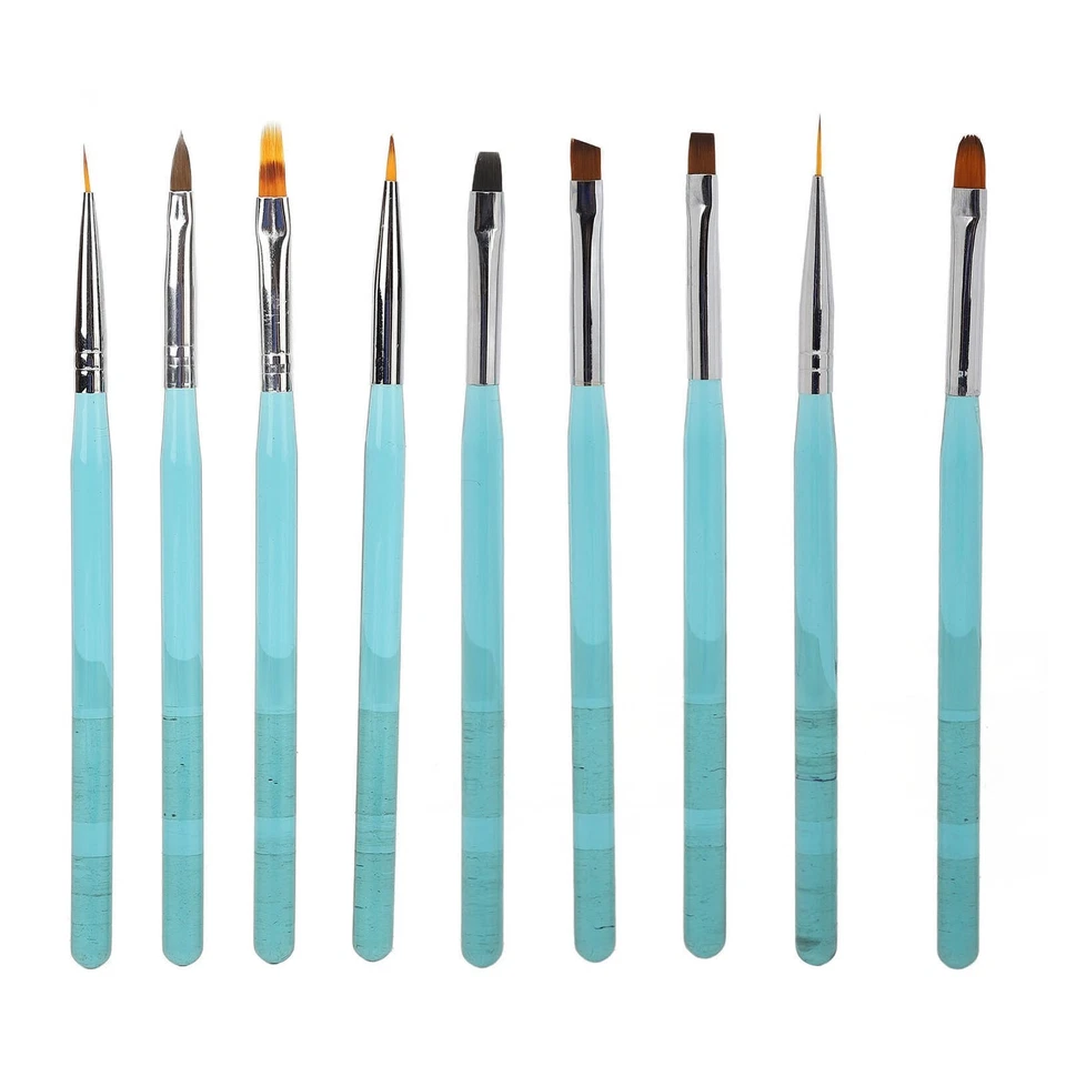Juego de 9 brochas para arte en uñas de nailon para diseño de uñas con azul transparente Foto 2 de 4