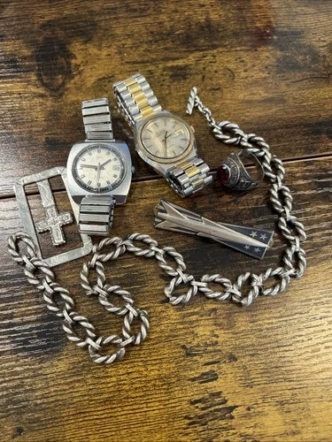 Vintage Lot Silver Mixed Jewelry Timex, Bulova, Watch, Ring, Necklace, Pin